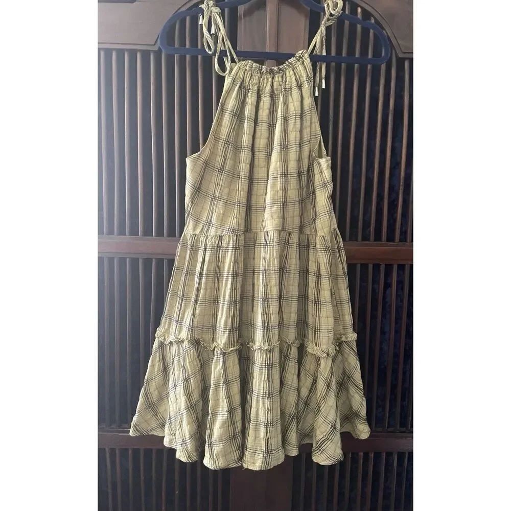 Moon River XS plaid check tiered ruffle midi dress yellow black